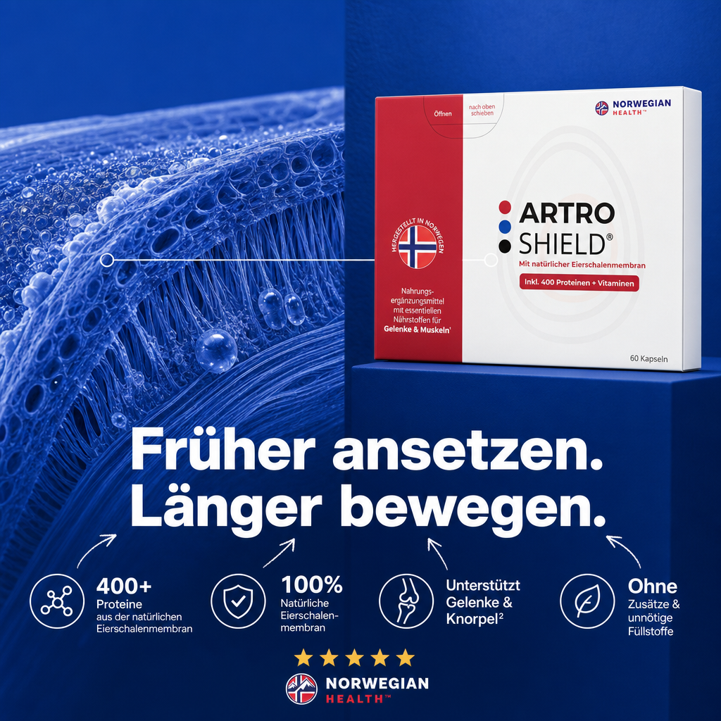 Mechanism + Proof — "Früher ansetzen. Länger bewegen." Collagen membrane, benefit icons, 5 stars.