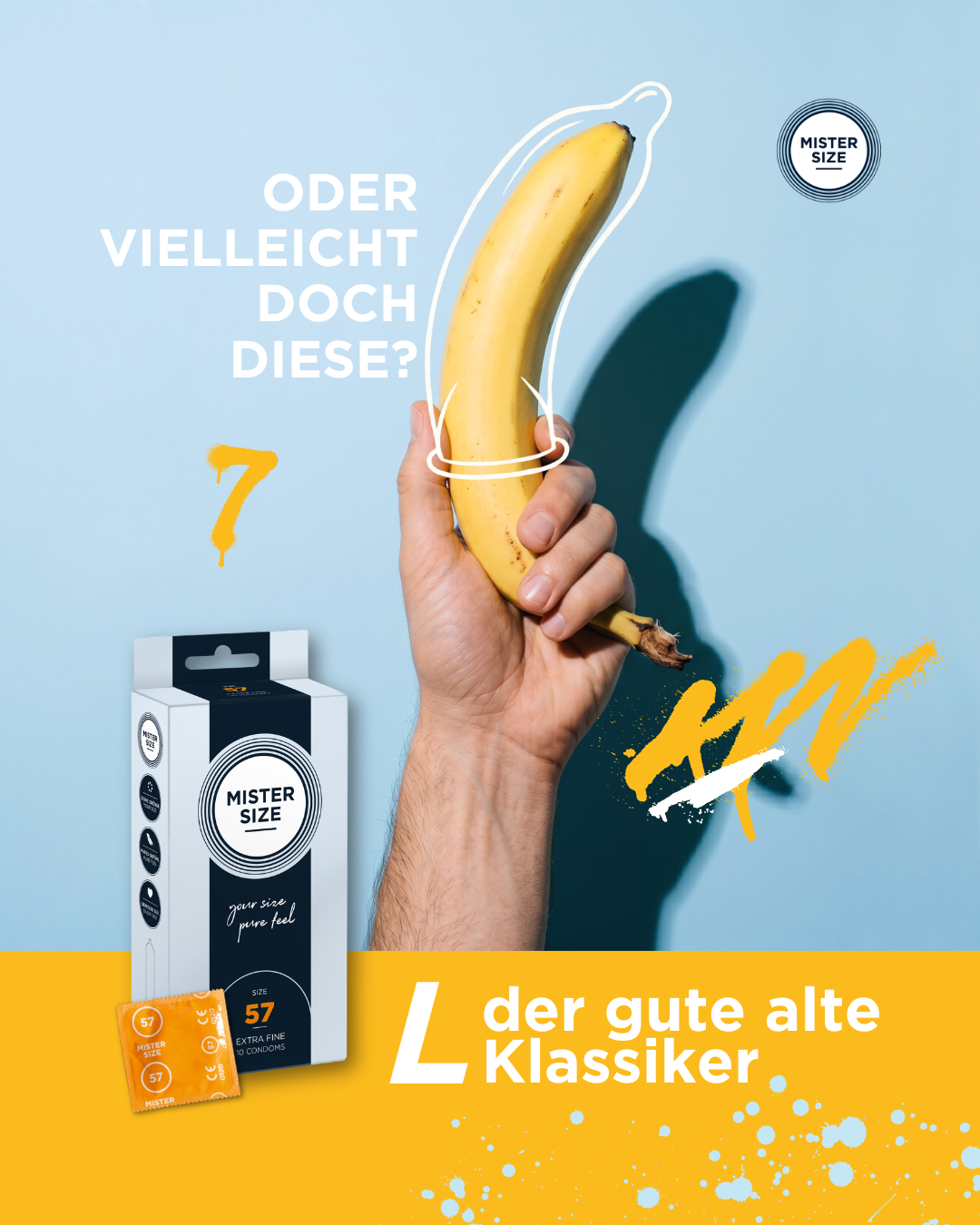 Playful Sizing — a banana, condom outline. "Der gute alte Klassiker." Size 57 L.