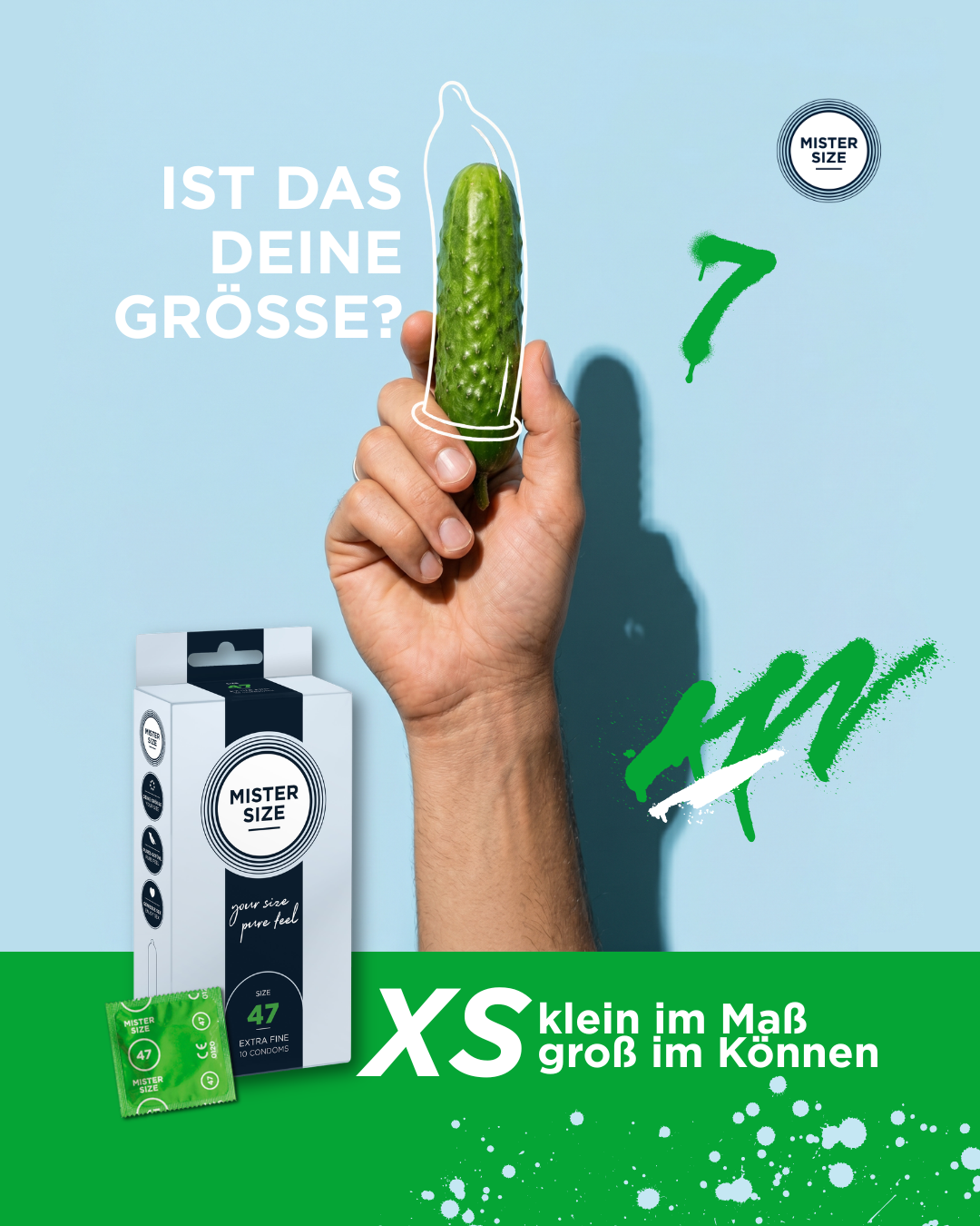 Playful Pattern Interrupt — small cucumber, condom outline. "Ist das deine Größe?" Size 47 XS.